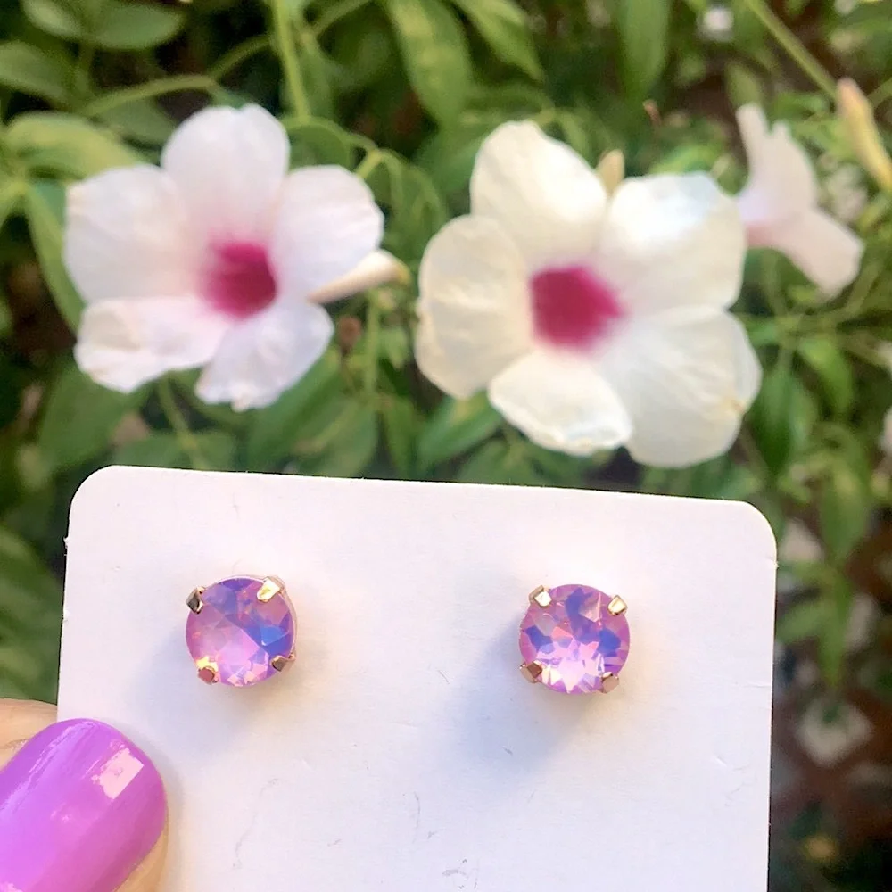 Pink-Purple Opal Aurora Borealis + Rose Gold Crystal Earrings